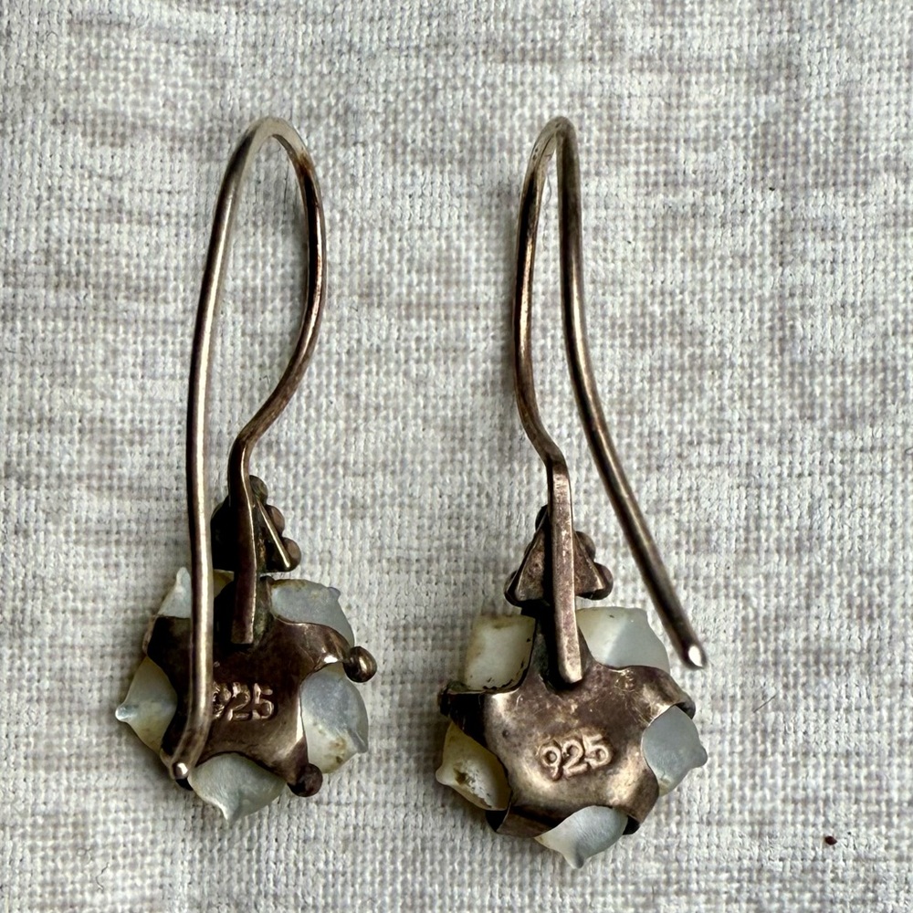 Antique Sterling Silver Floral Drop Earrings with Carved Pearl Petals - Picture 3 of 4